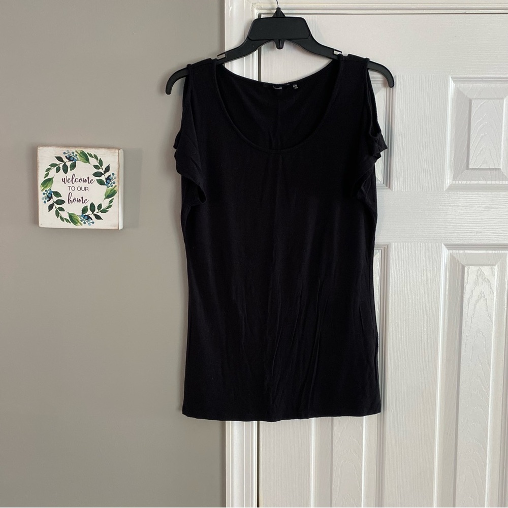 Tahari Solid Black Cold Shoulder Short Sleeve Shirt Womens Small Top
